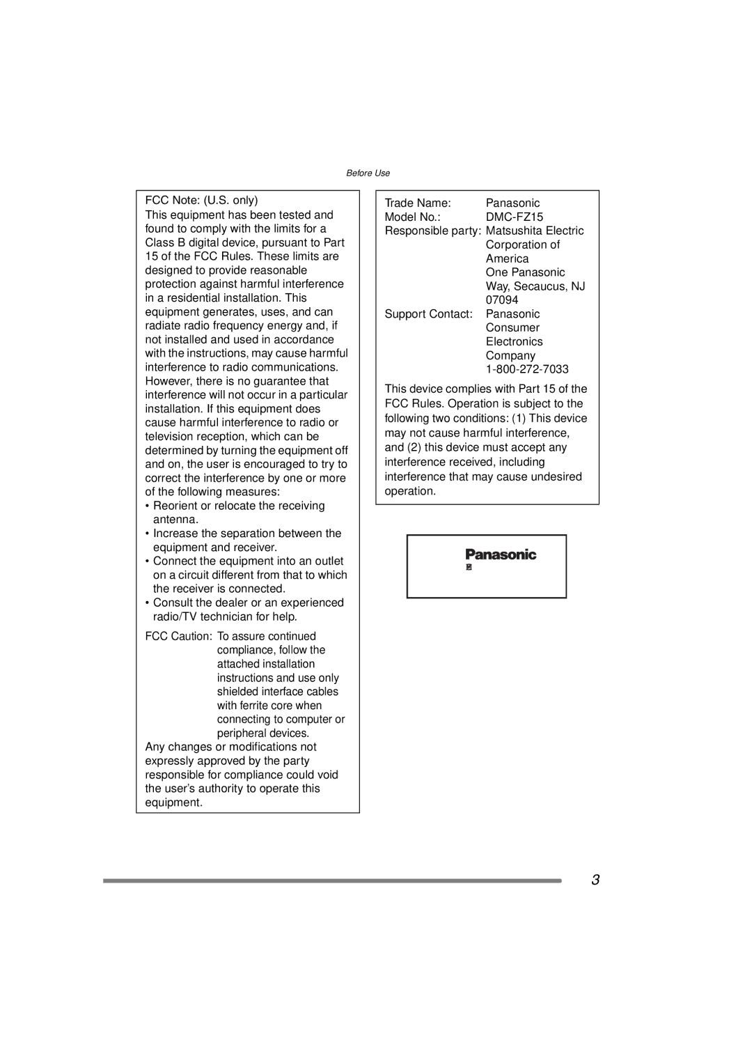 Panasonic DMC-FZ15P operating instructions FCC Note U.S. only 