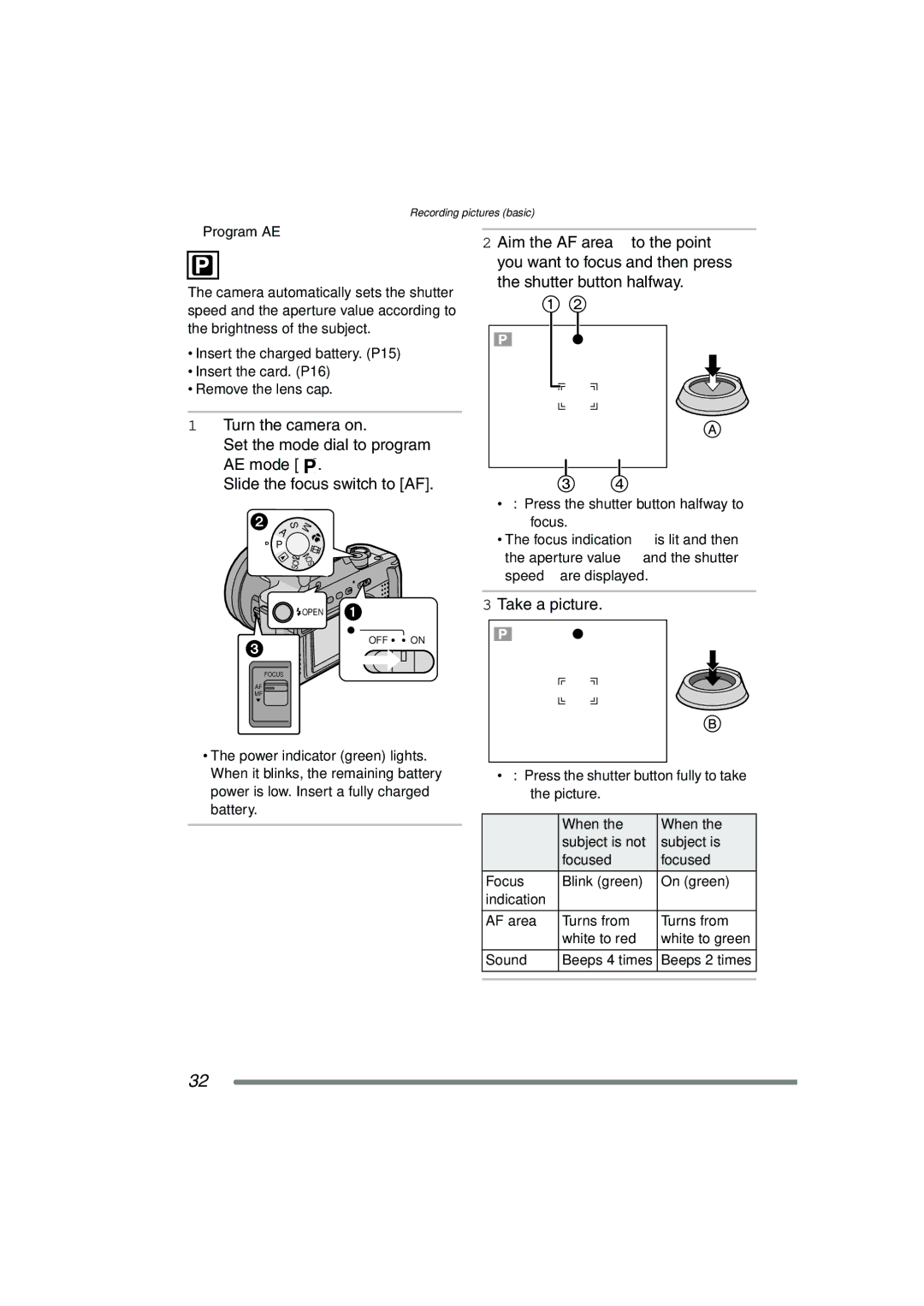 Panasonic DMC-FZ15P operating instructions Take a picture, Program AE 