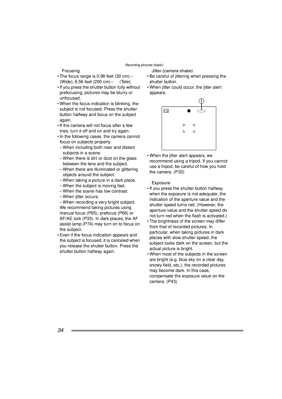 Panasonic DMC-FZ15P operating instructions Focusing, Jitter camera shake, Exposure 