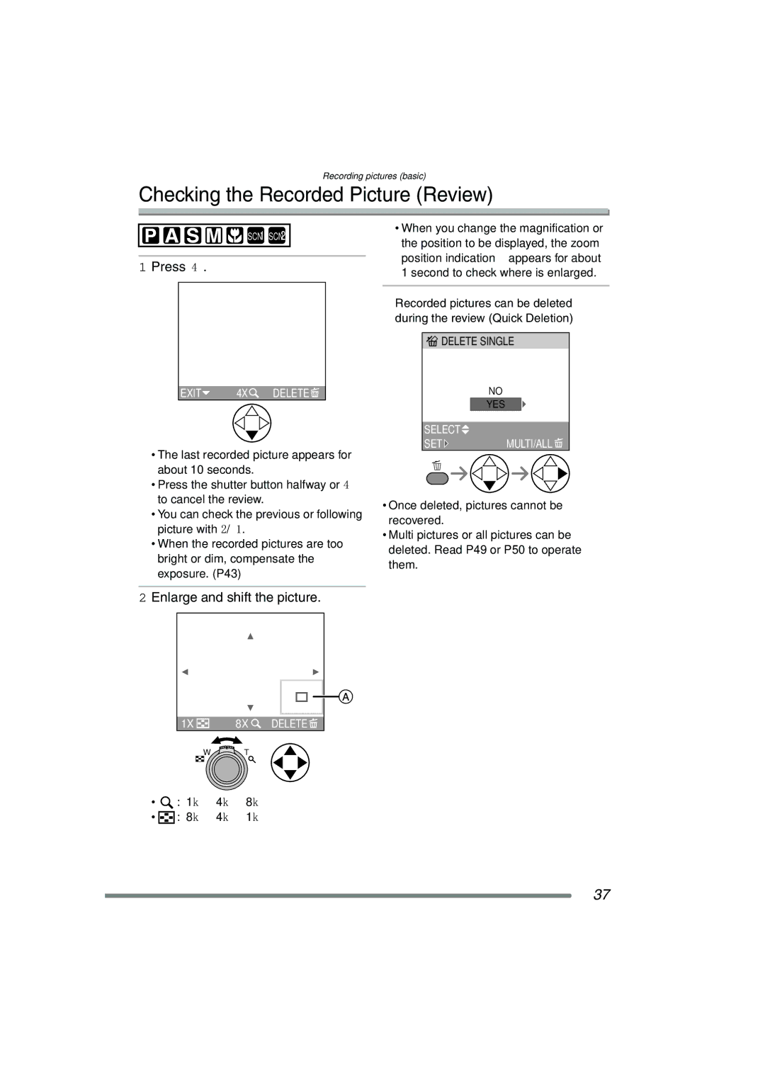 Panasonic DMC-FZ15P operating instructions Checking the Recorded Picture Review, Press, Enlarge and shift the picture 