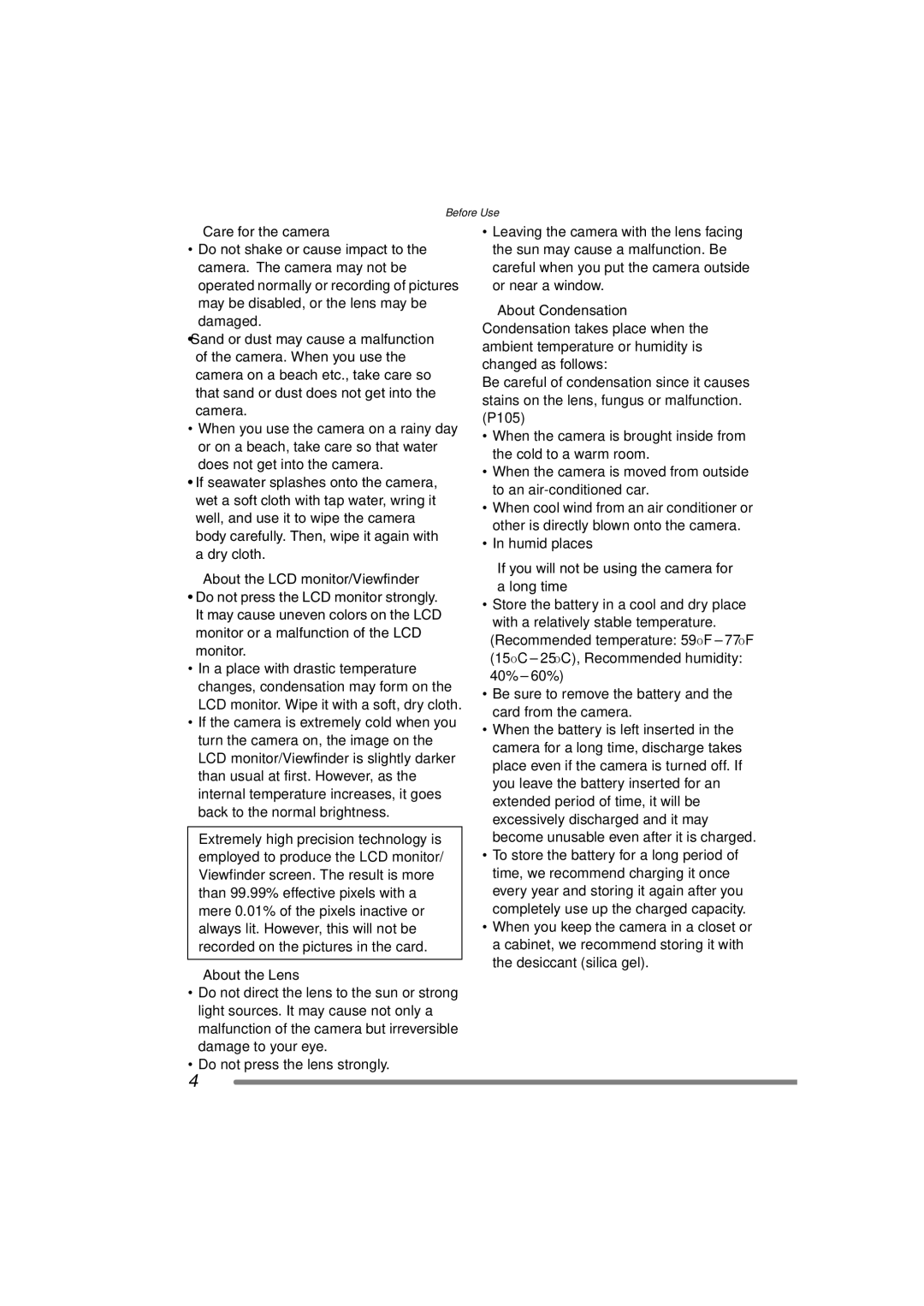 Panasonic DMC-FZ15P operating instructions About the Lens, If you will not be using the camera for Long time 