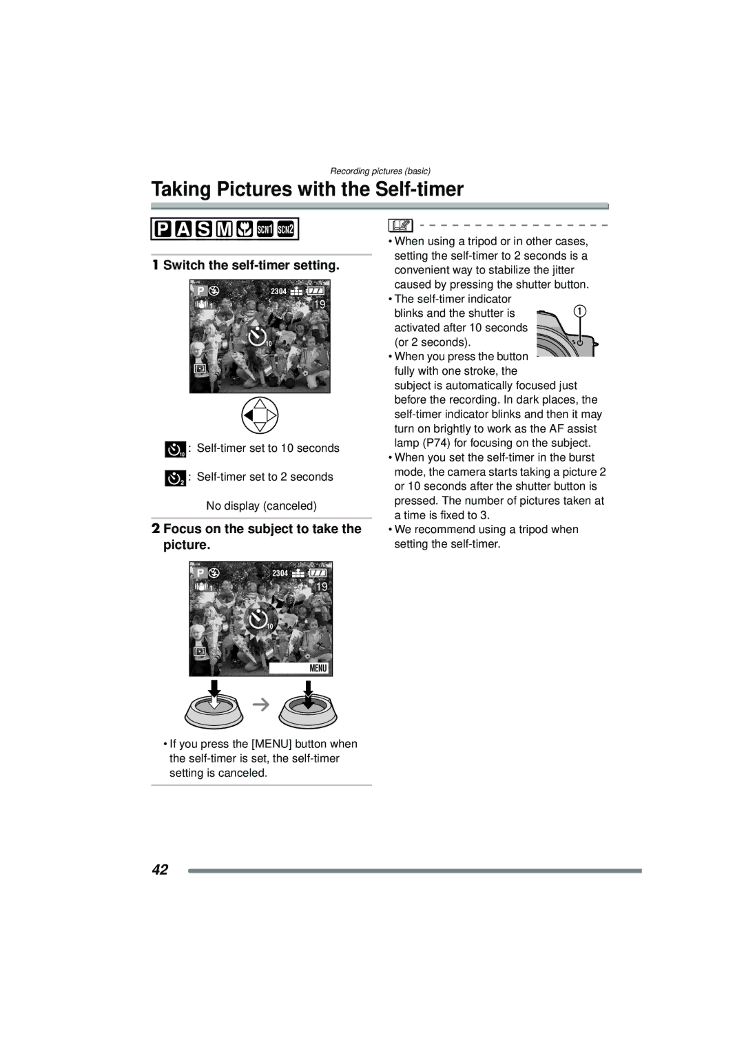 Panasonic DMC-FZ15P operating instructions Taking Pictures with the Self-timer, Switch the self-timer setting 