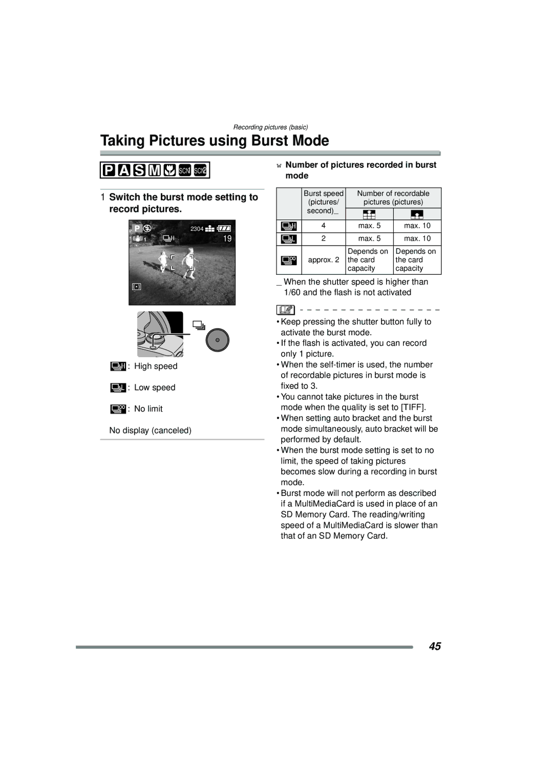 Panasonic DMC-FZ15P Taking Pictures using Burst Mode, Switch the burst mode setting to record pictures 