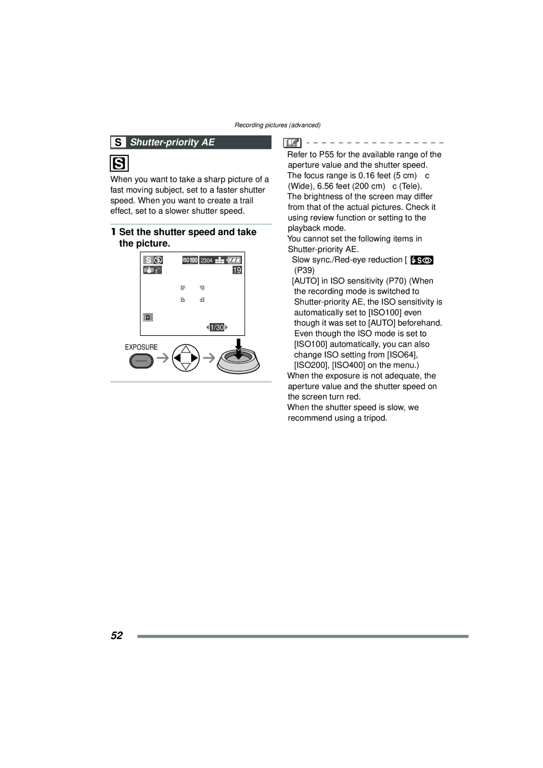 Panasonic DMC-FZ15P operating instructions Shutter-priority AE, Set the shutter speed and take the picture 