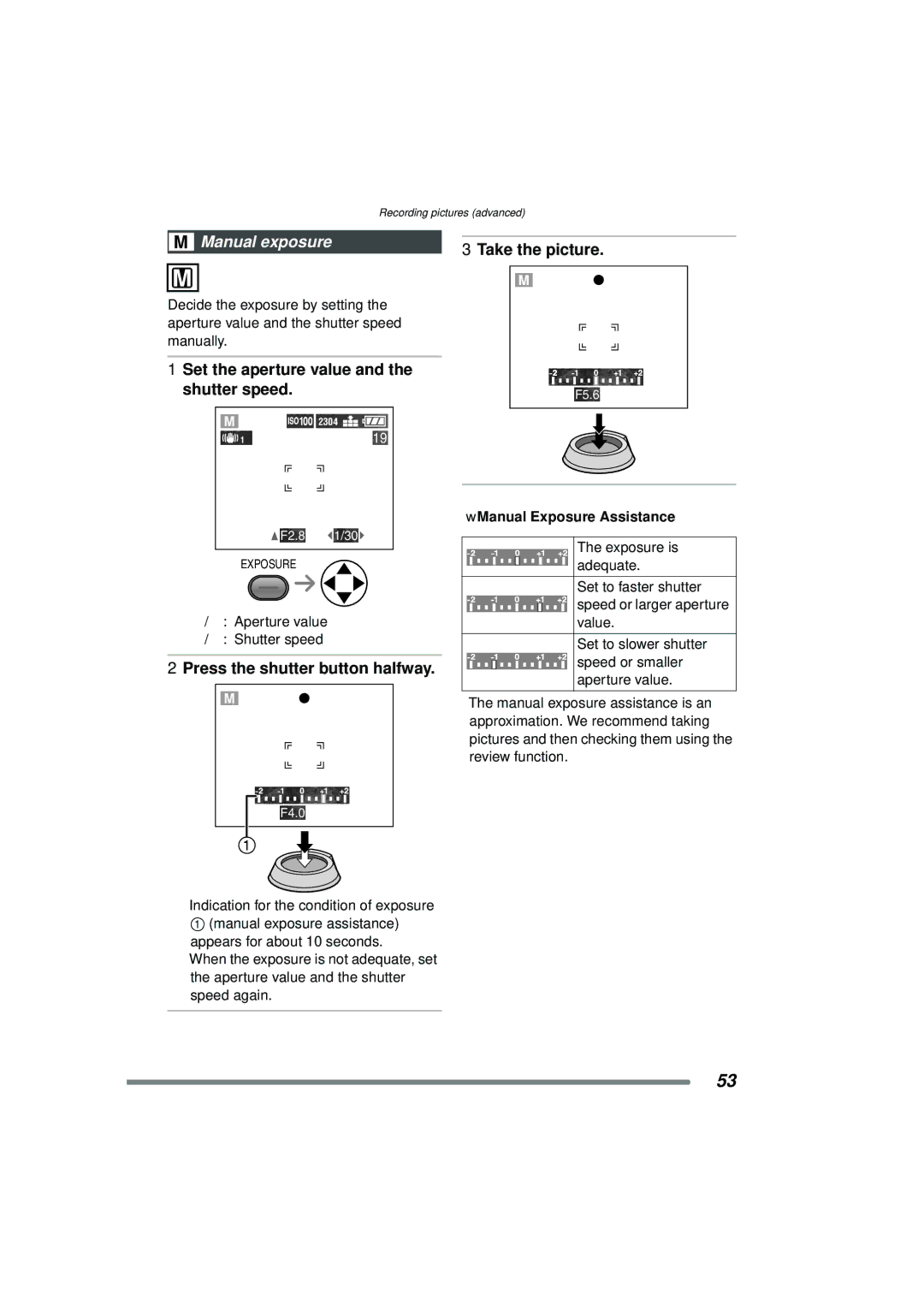 Panasonic DMC-FZ15P Manual exposure Take the picture, Set the aperture value, Press the shutter button halfway 