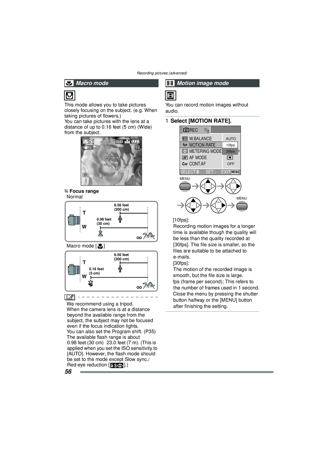 Panasonic DMC-FZ15P operating instructions Macro mode Motion image mode, Select Motion Rate, Focus range 