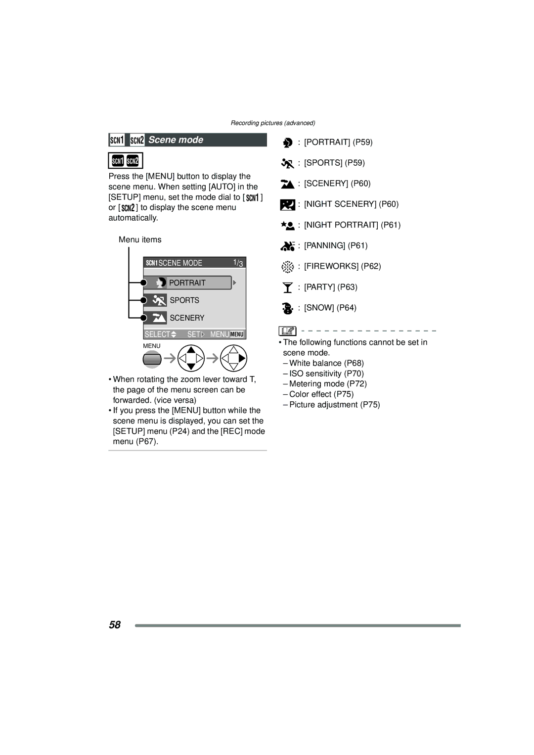 Panasonic DMC-FZ15P operating instructions SCN1 SCN2 Scene mode, Night Scenery P60 Night Portrait P61 