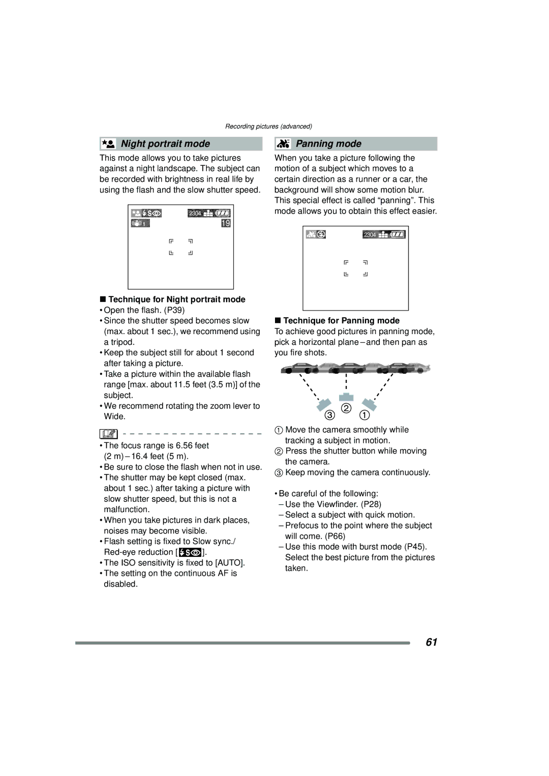 Panasonic DMC-FZ15P operating instructions Technique for Night portrait mode, Technique for Panning mode 