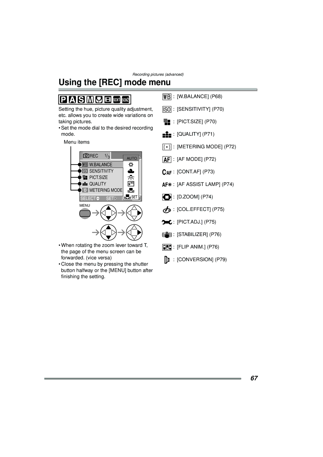 Panasonic DMC-FZ15P operating instructions Using the REC mode menu, Metering Mode P72, Conversion P79 