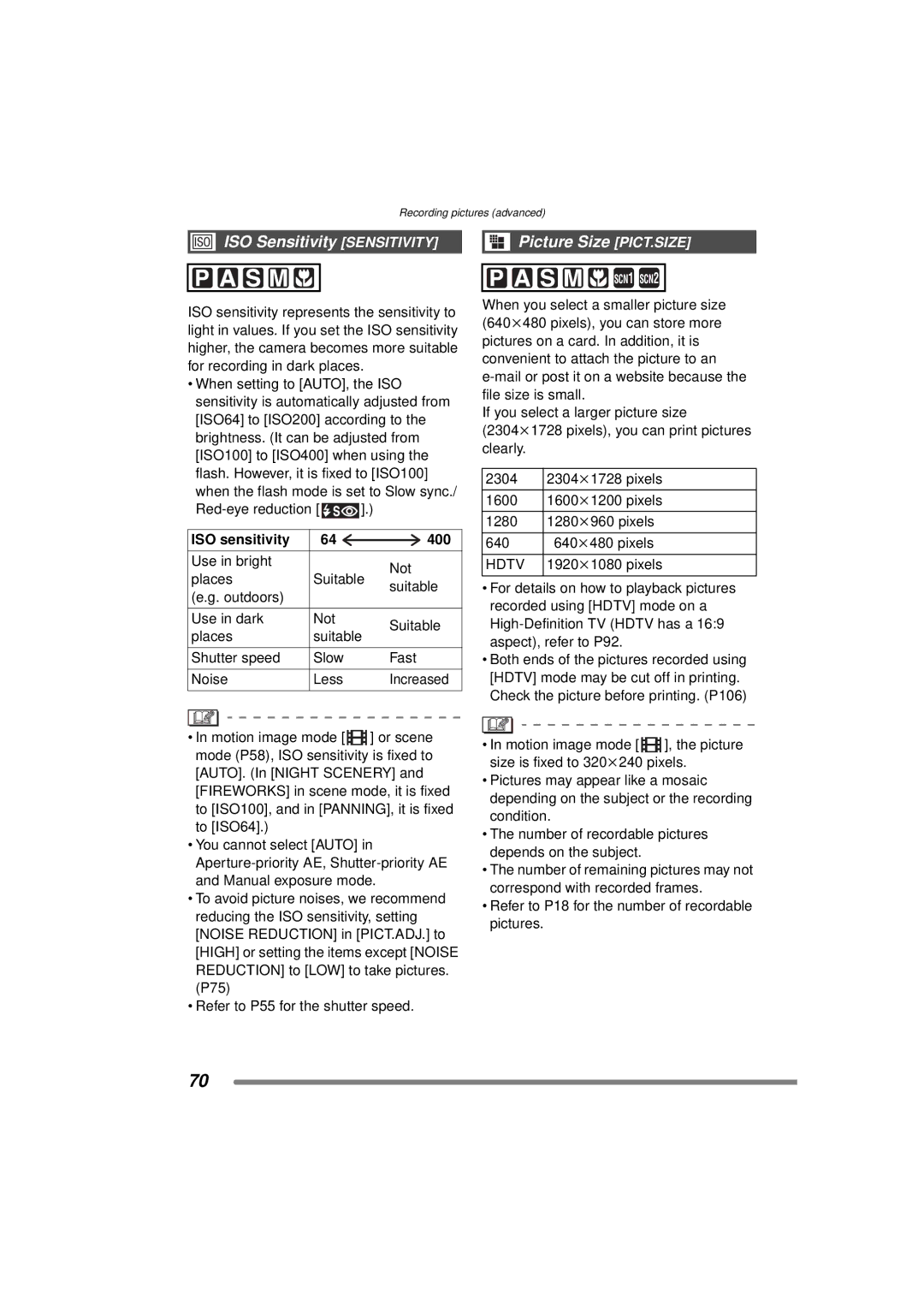 Panasonic DMC-FZ15P operating instructions ISO Sensitivity Sensitivity, Picture Size PICT.SIZE, ISO sensitivity 400, Hdtv 