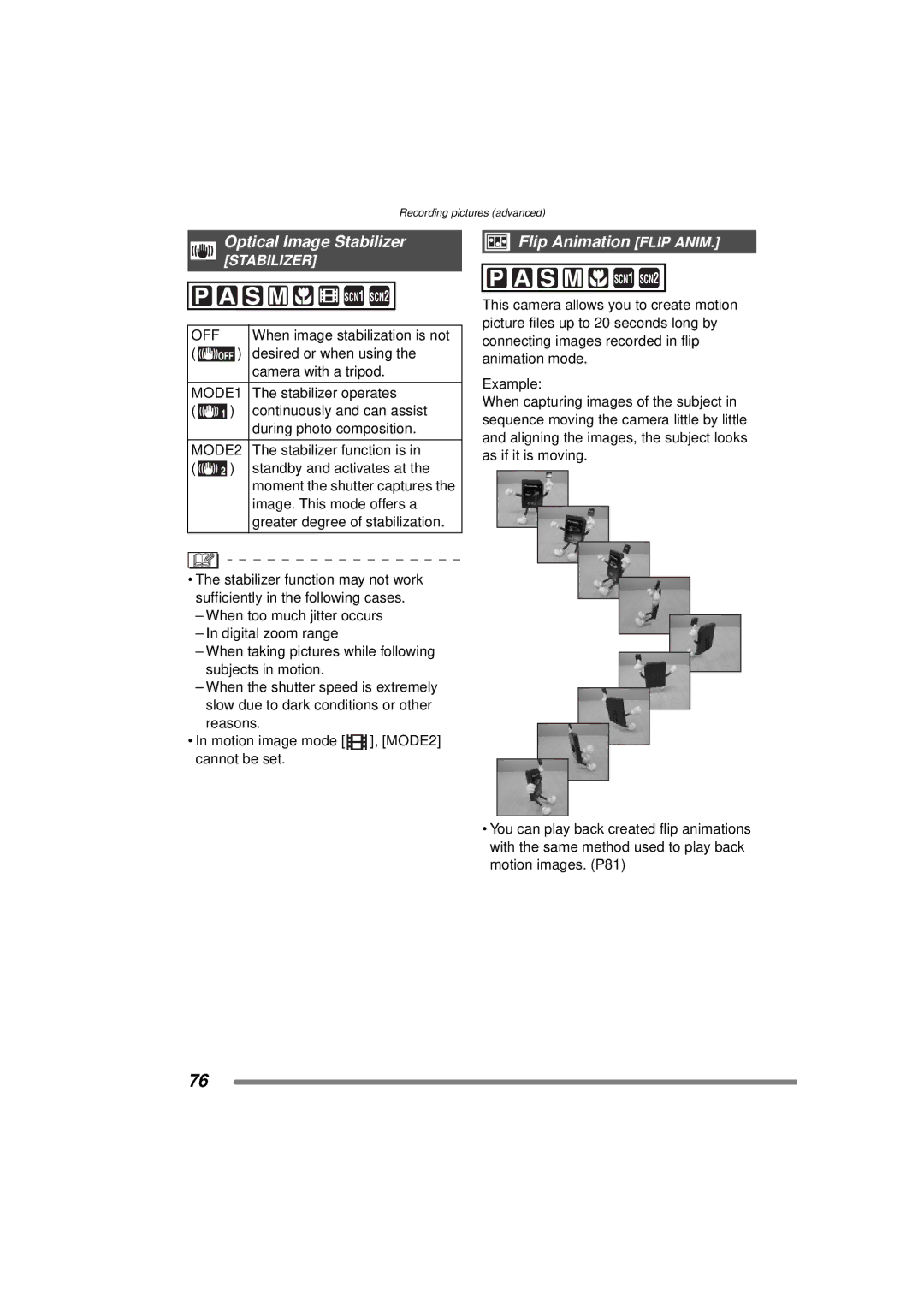 Panasonic DMC-FZ15P operating instructions Optical Image Stabilizer, Flip Animation Flip Anim, MODE1, MODE2 