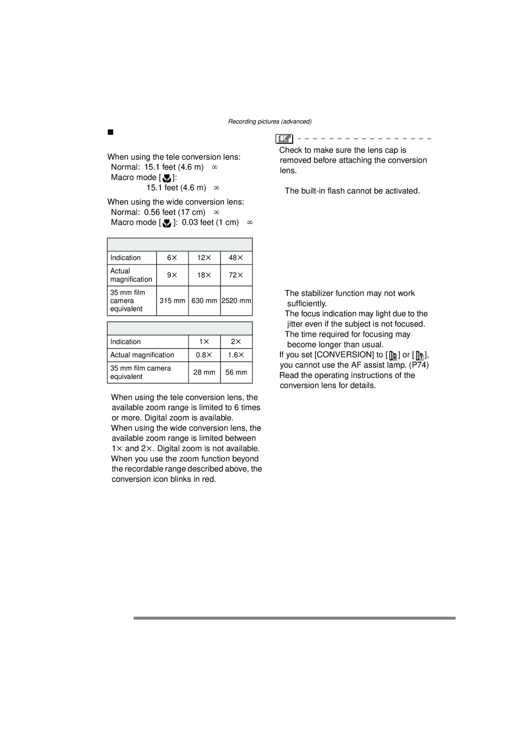 Panasonic DMC-FZ15P operating instructions Recordable range when using the conversion lens, When using the conversion lens 