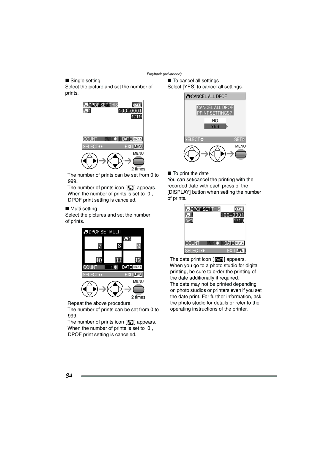 Panasonic DMC-FZ15P operating instructions To cancel all settings Select YES to cancel all settings, To print the date 