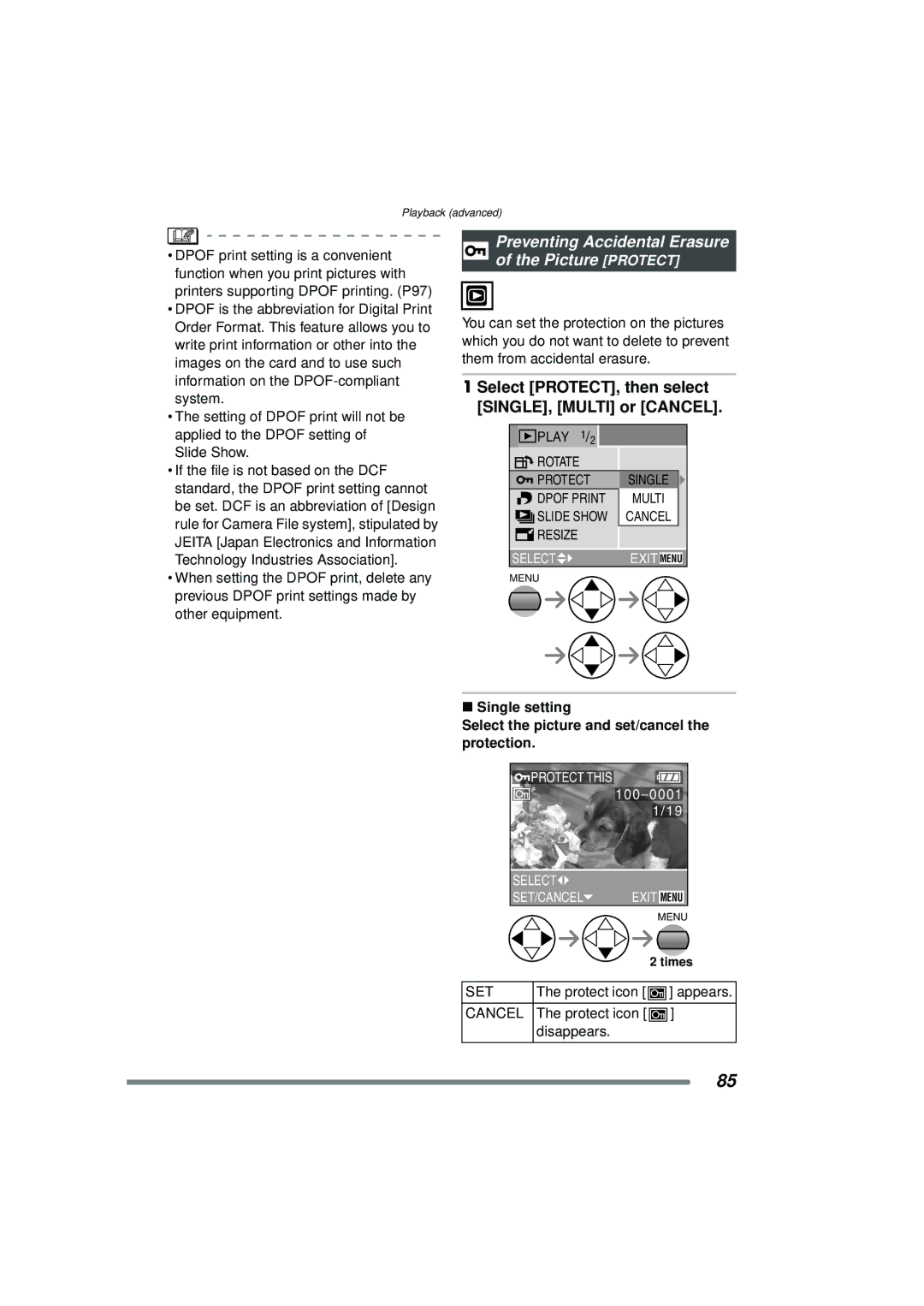 Panasonic DMC-FZ15P operating instructions Preventing Accidental Erasure of the Picture Protect, Set, Cancel 