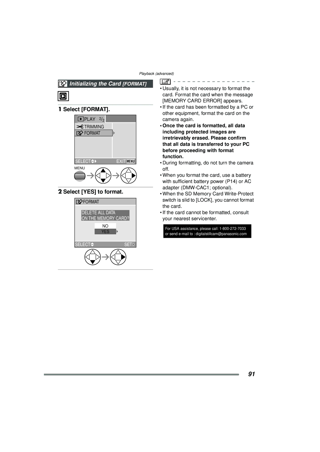 Panasonic DMC-FZ15P operating instructions Initializing the Card Format, Select Format, Select YES to format 