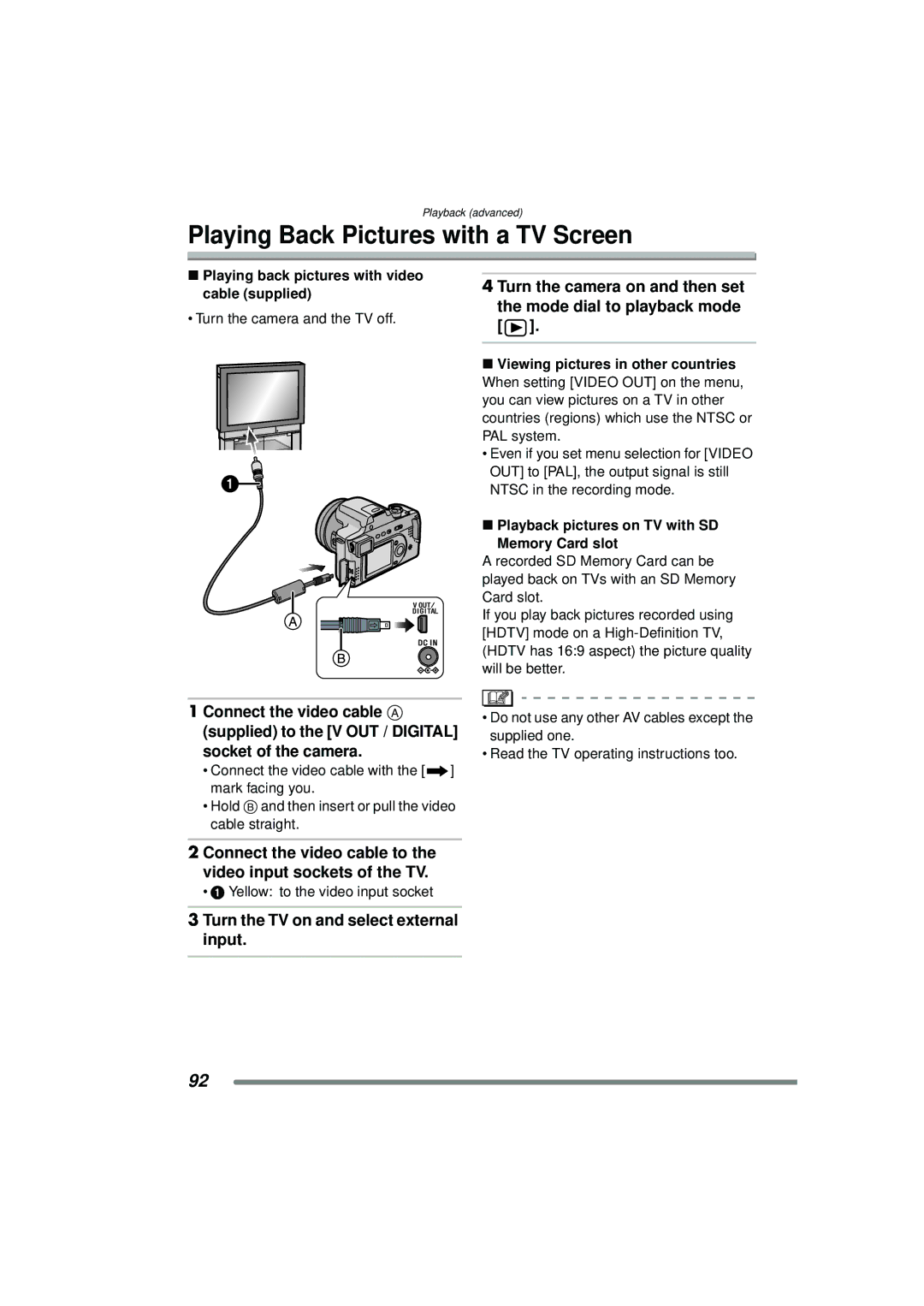 Panasonic DMC-FZ15P Playing Back Pictures with a TV Screen, Playing back pictures with video cable supplied 