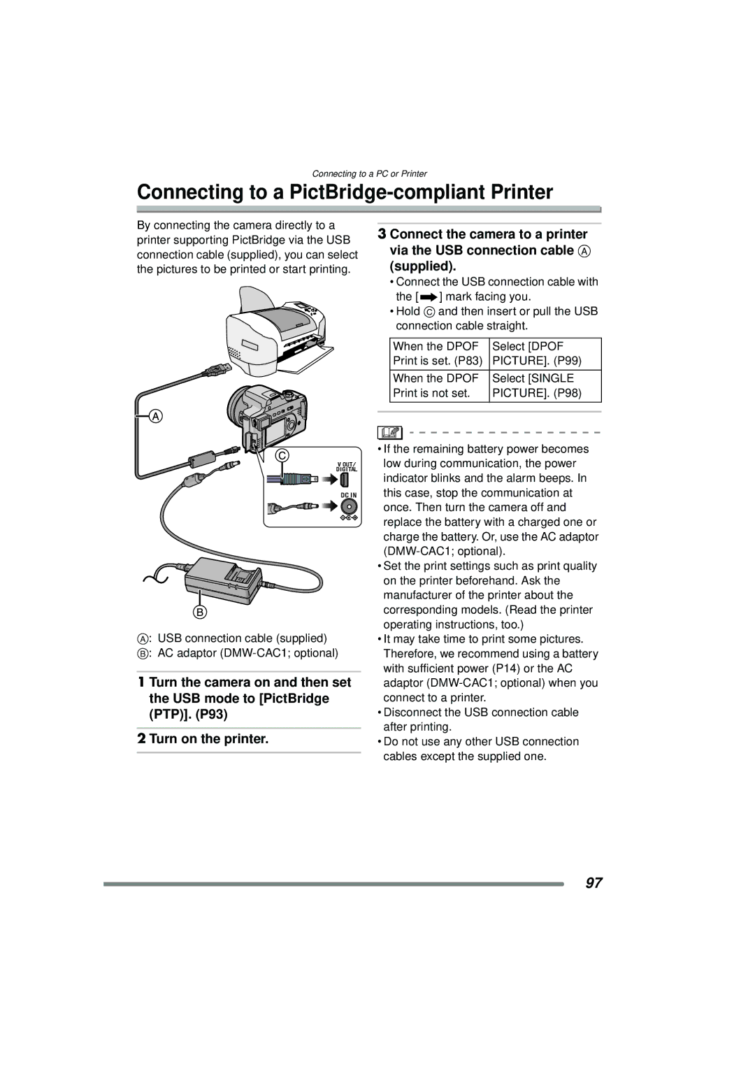 Panasonic DMC-FZ15P operating instructions Connecting to a PictBridge-compliant Printer, PICTURE. P99, PICTURE. P98 