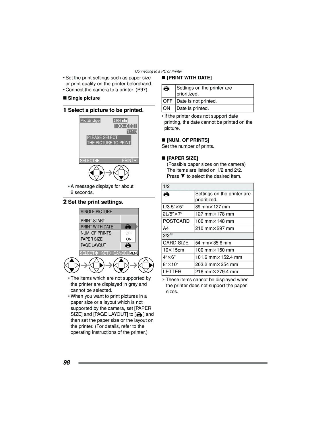 Panasonic DMC-FZ15P operating instructions Select a picture to be printed, Set the print settings, Single picture 