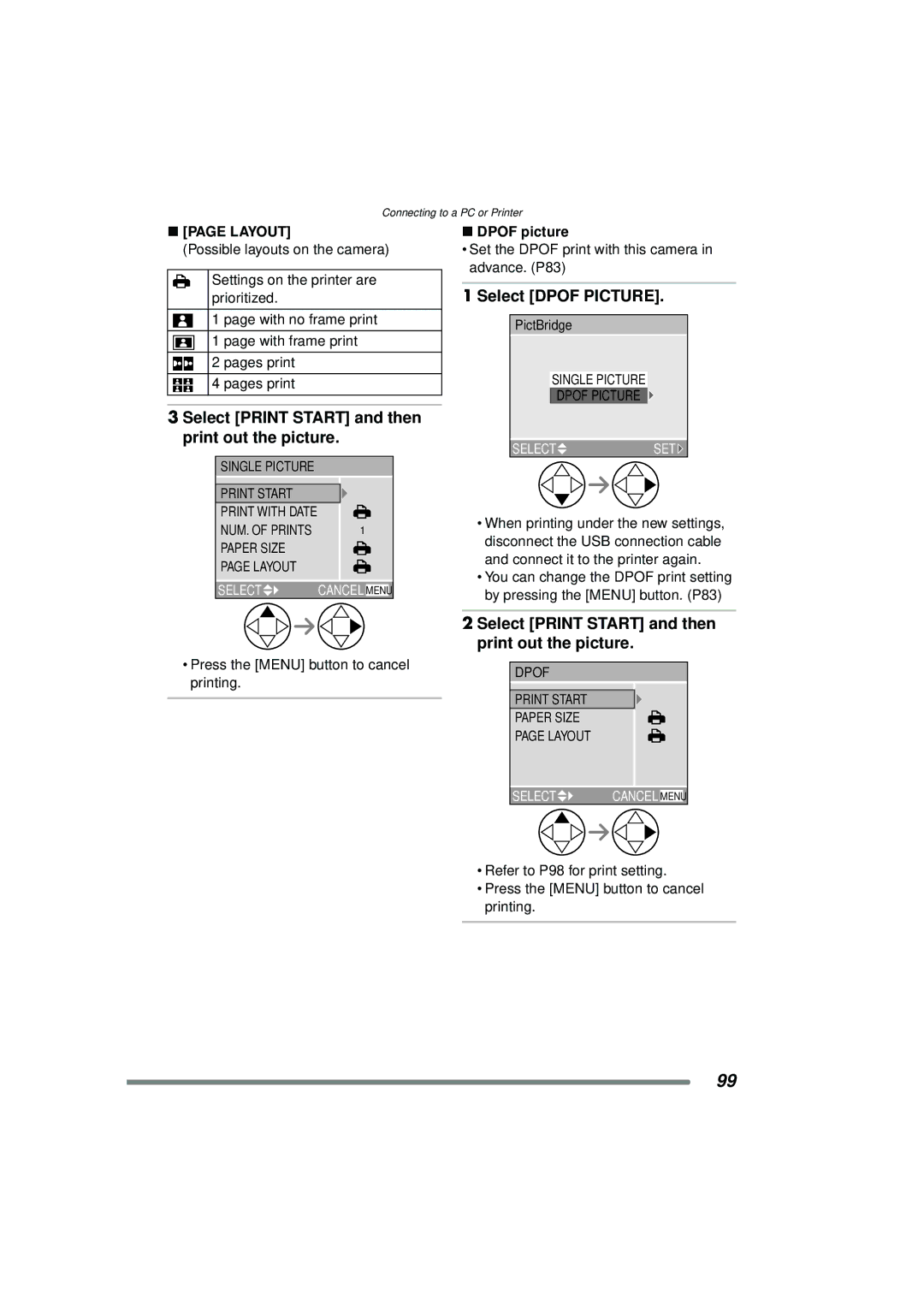 Panasonic DMC-FZ15P Select Print Start and then print out the picture, Select Dpof Picture, Dpof picture 