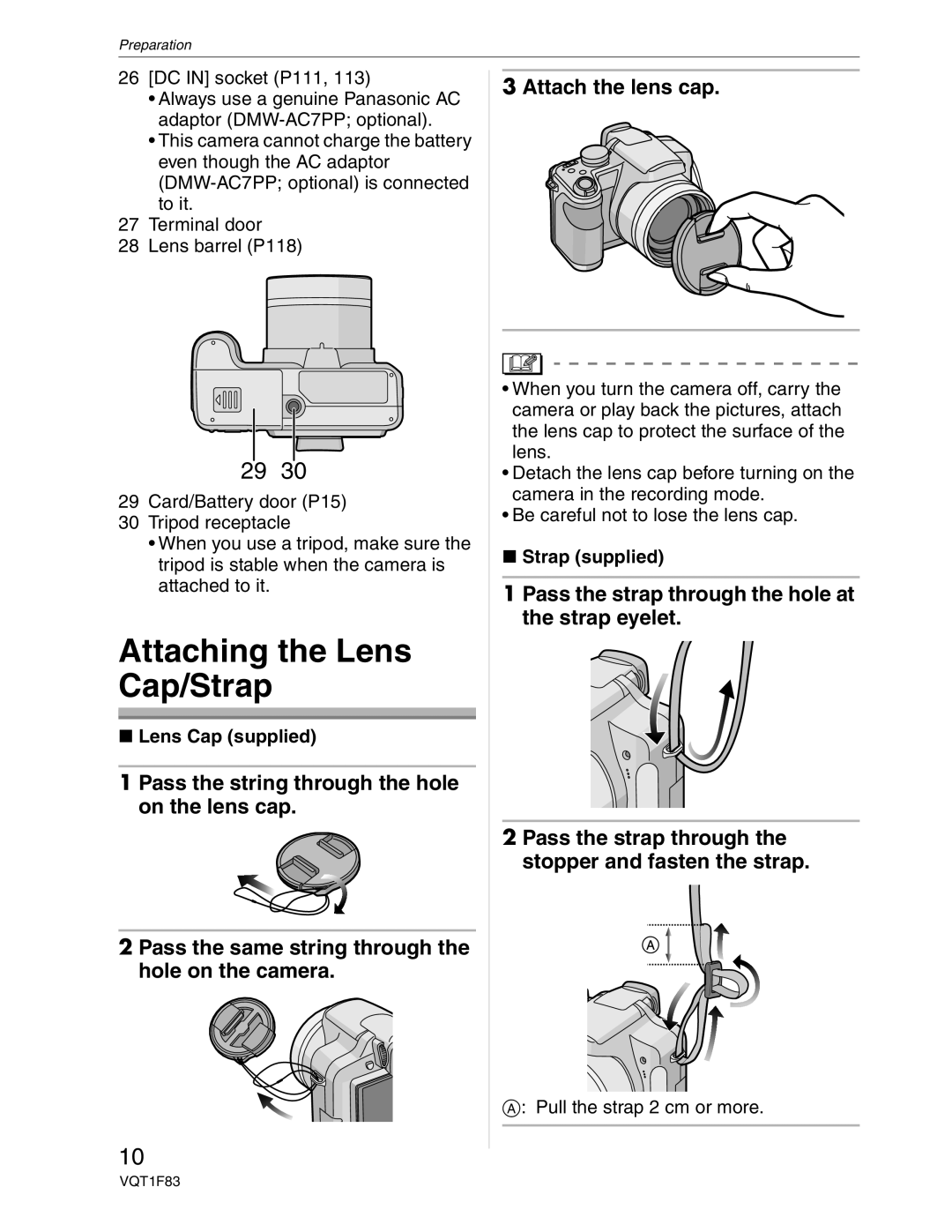 Panasonic DMC-FZ18 operating instructions Attaching the Lens Cap/Strap, Lens Cap supplied, Strap supplied 