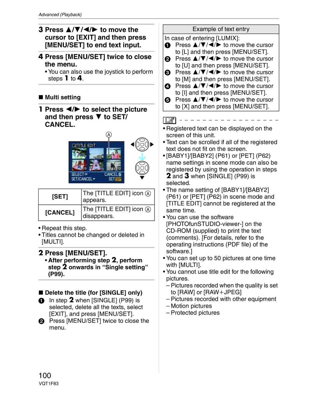 Panasonic DMC-FZ18 operating instructions 100, Multi setting, Set 