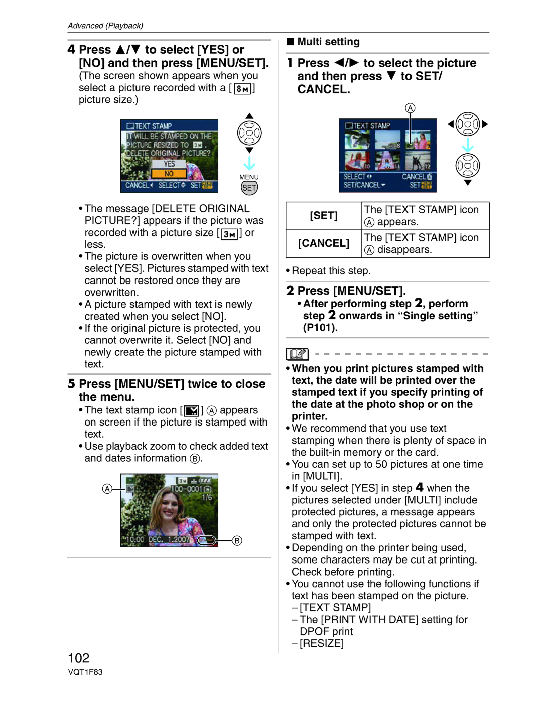 Panasonic DMC-FZ18 operating instructions 102, Press / to select YES or no and then press MENU/SET 