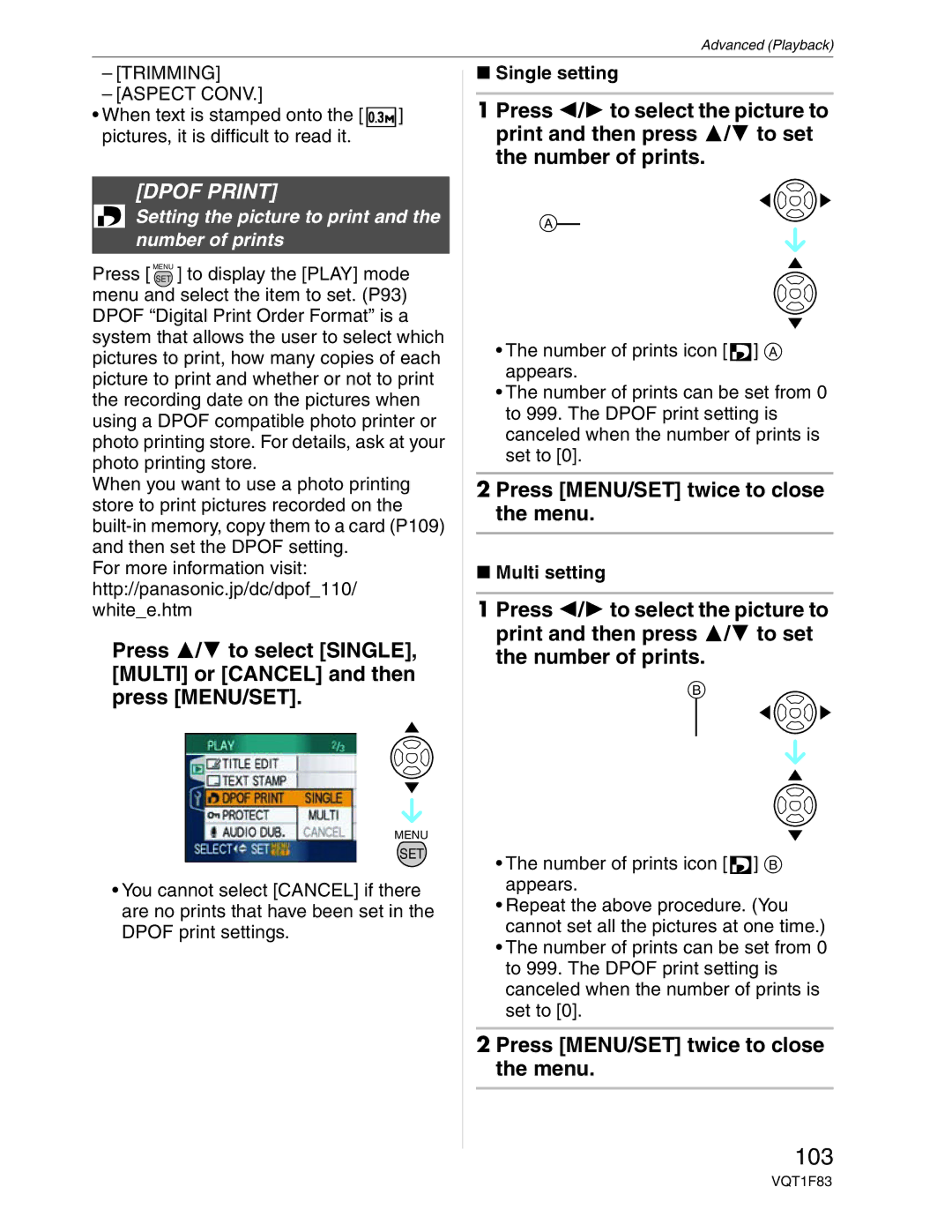 Panasonic DMC-FZ18 operating instructions 103, Dpof Print, Setting the picture to print and the number of prints 