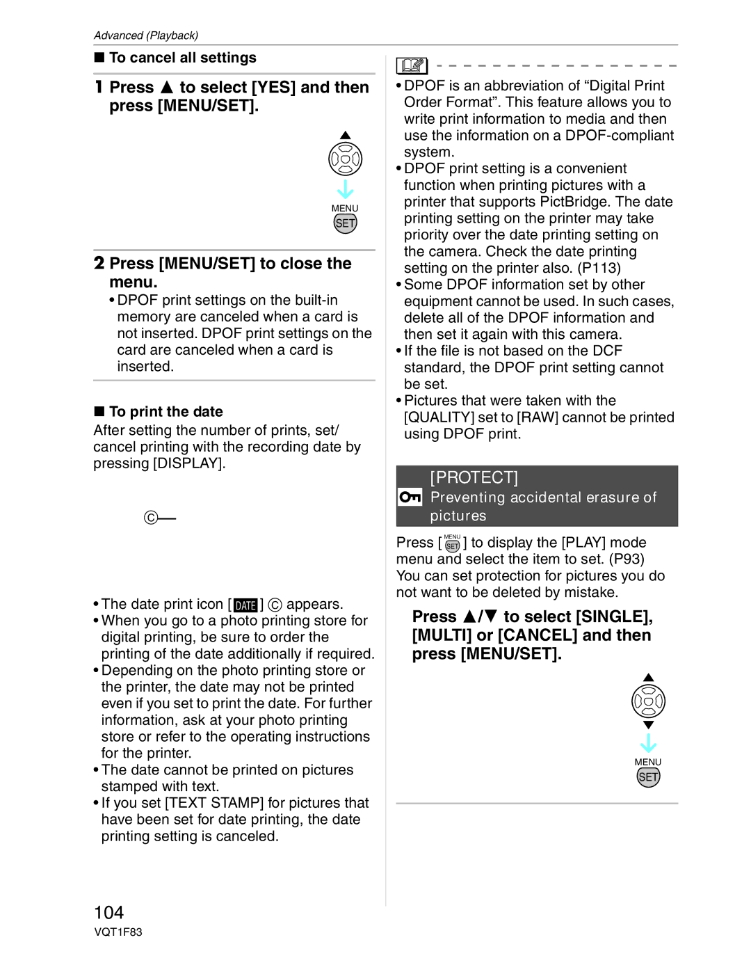 Panasonic DMC-FZ18 104, Protect, To cancel all settings, To print the date, Preventing accidental erasure of pictures 