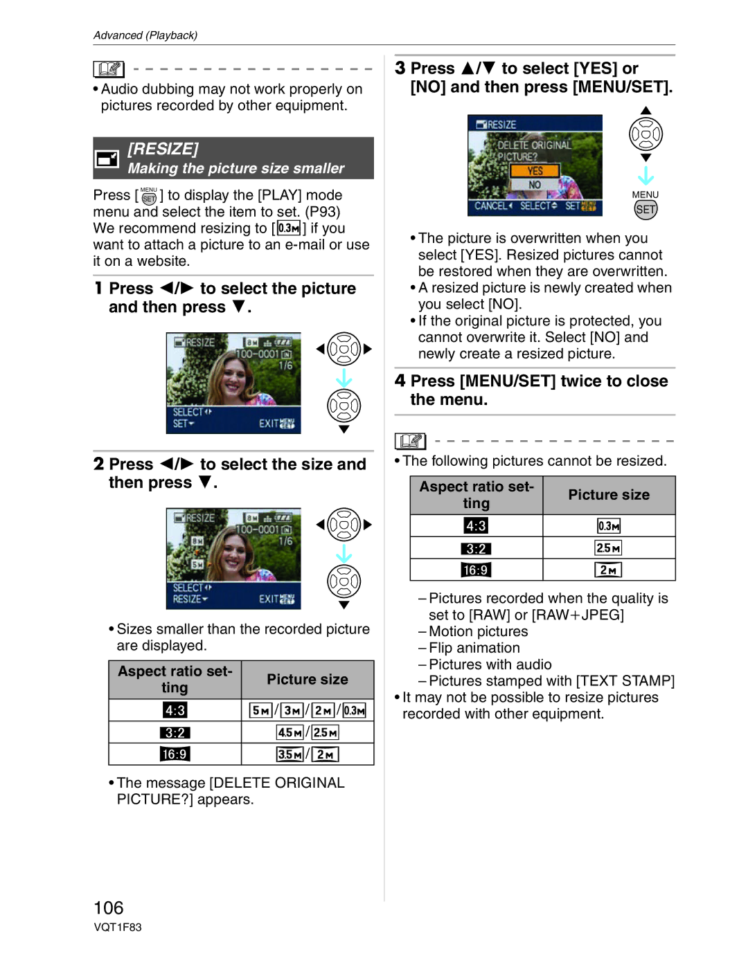 Panasonic DMC-FZ18 operating instructions 106, Resize, Making the picture size smaller, Aspect ratio set Picture size Ting 