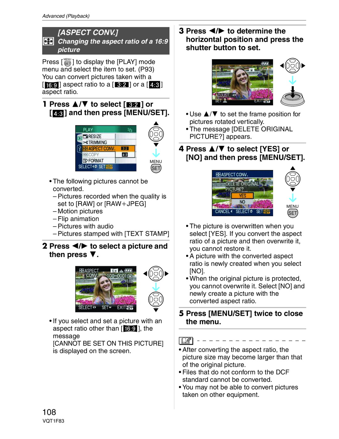 Panasonic DMC-FZ18 108, Aspect Conv, Press / to select or Then press MENU/SET, Changing the aspect ratio of a 169 picture 