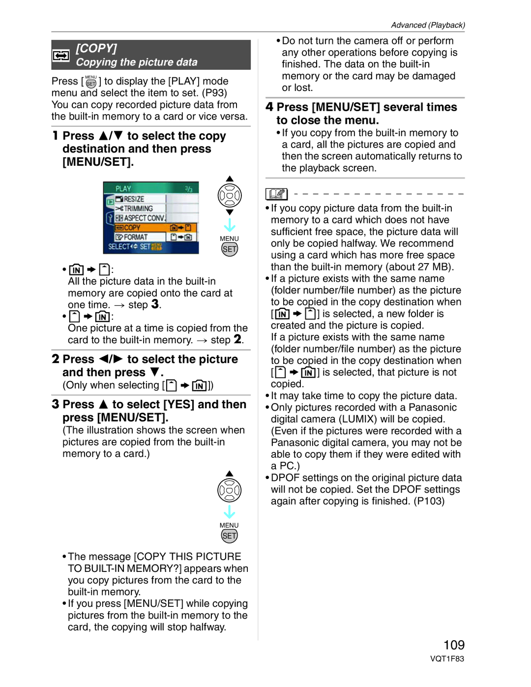 Panasonic DMC-FZ18 operating instructions 109, Press MENU/SET several times to close the menu, Copying the picture data 