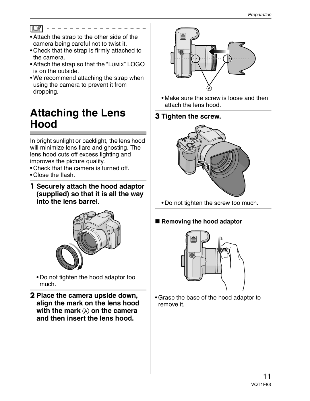 Panasonic DMC-FZ18 operating instructions Attaching the Lens Hood, Tighten the screw, Removing the hood adaptor 