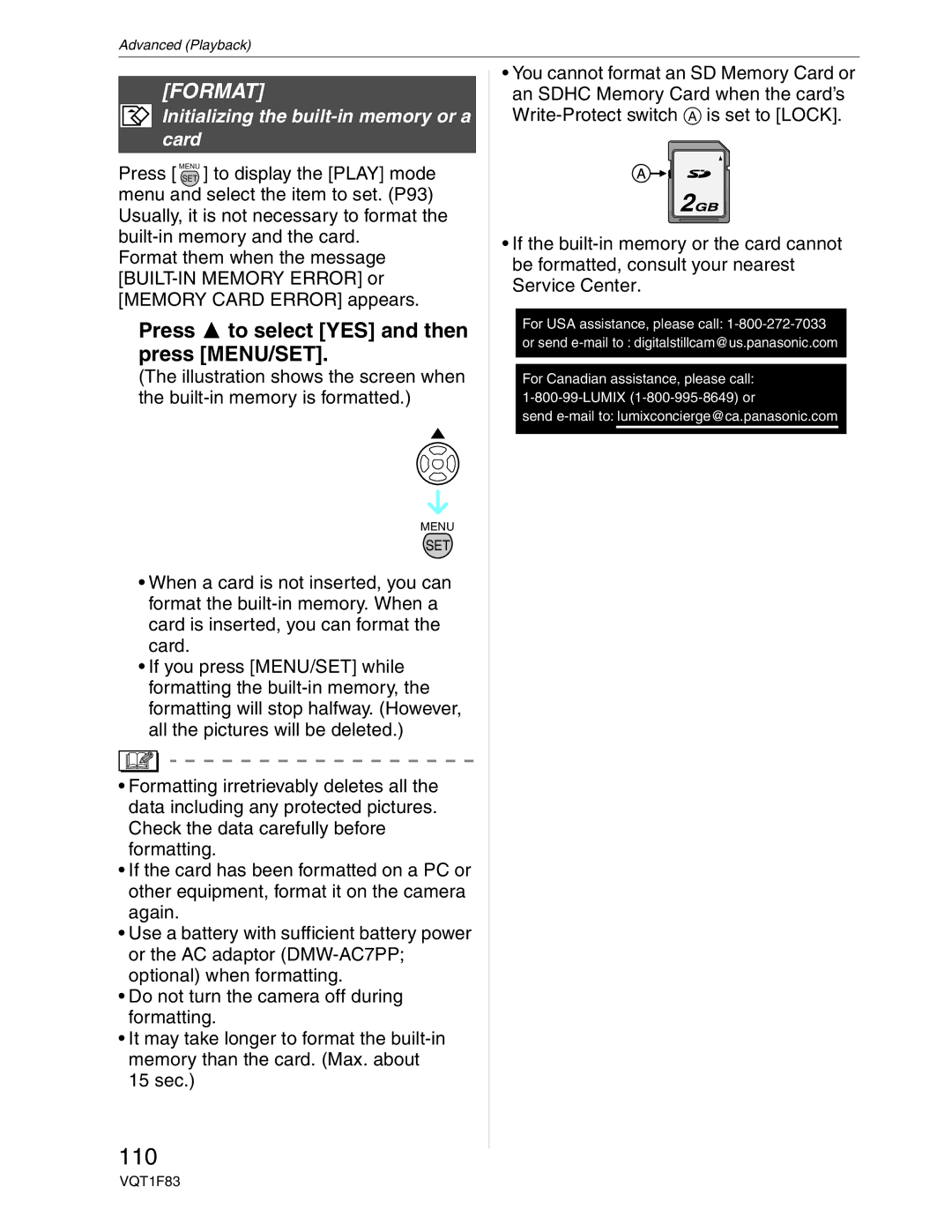 Panasonic DMC-FZ18 operating instructions 110, Format, Initializing the built-in memory or a card 