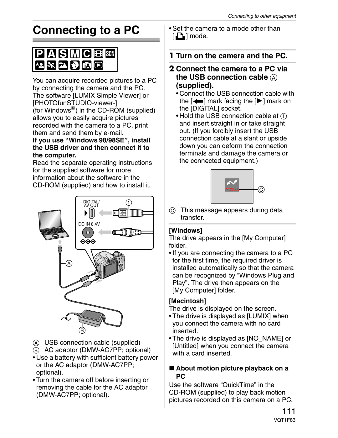 Panasonic DMC-FZ18 operating instructions Connecting to a PC, 111, Windows, Macintosh, About motion picture playback on a 