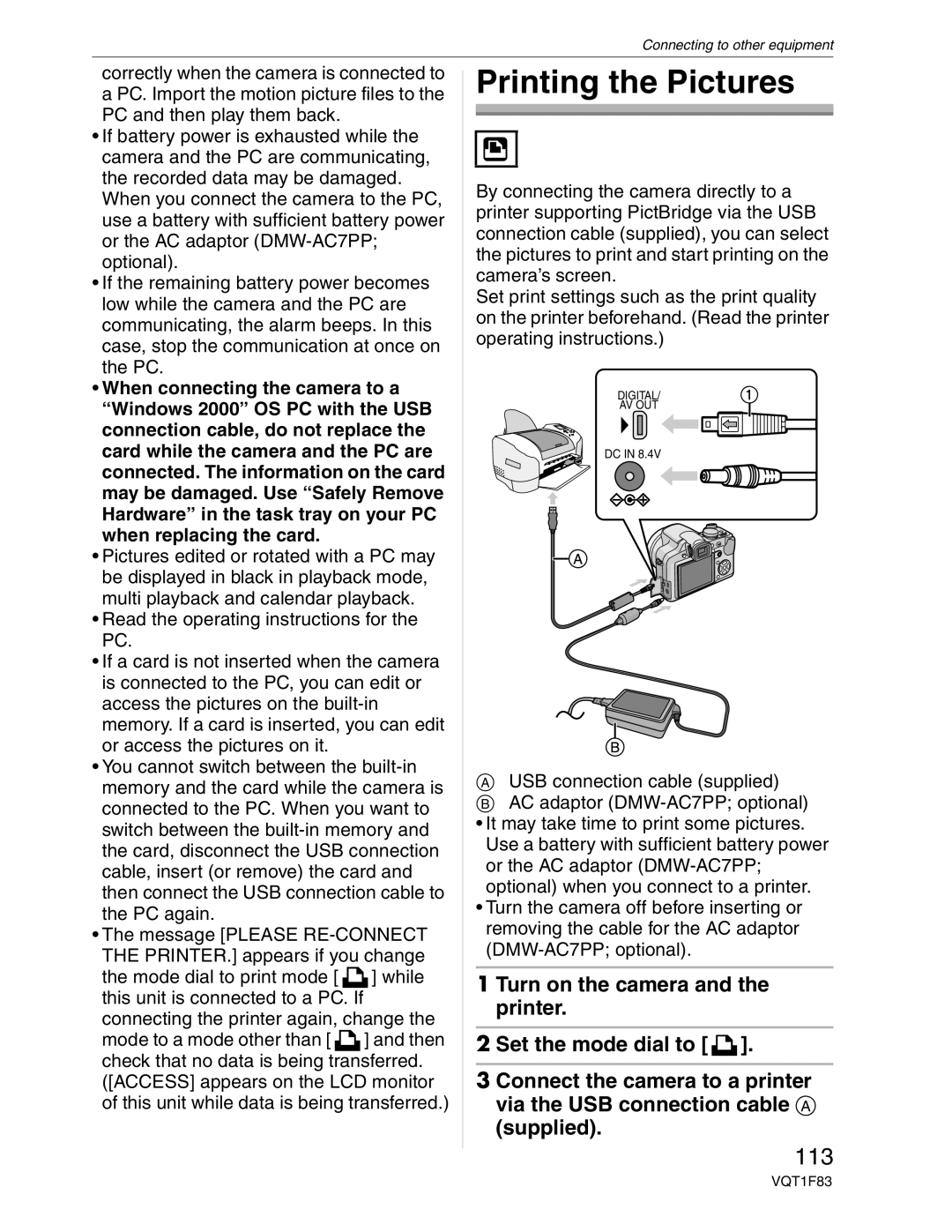 Panasonic DMC-FZ18 operating instructions Printing the Pictures, 113 