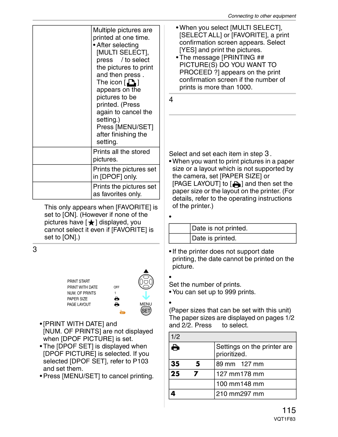 Panasonic DMC-FZ18 operating instructions 115, Print with Date OFF, NUM. of Prints, Paper Size, Postcard 