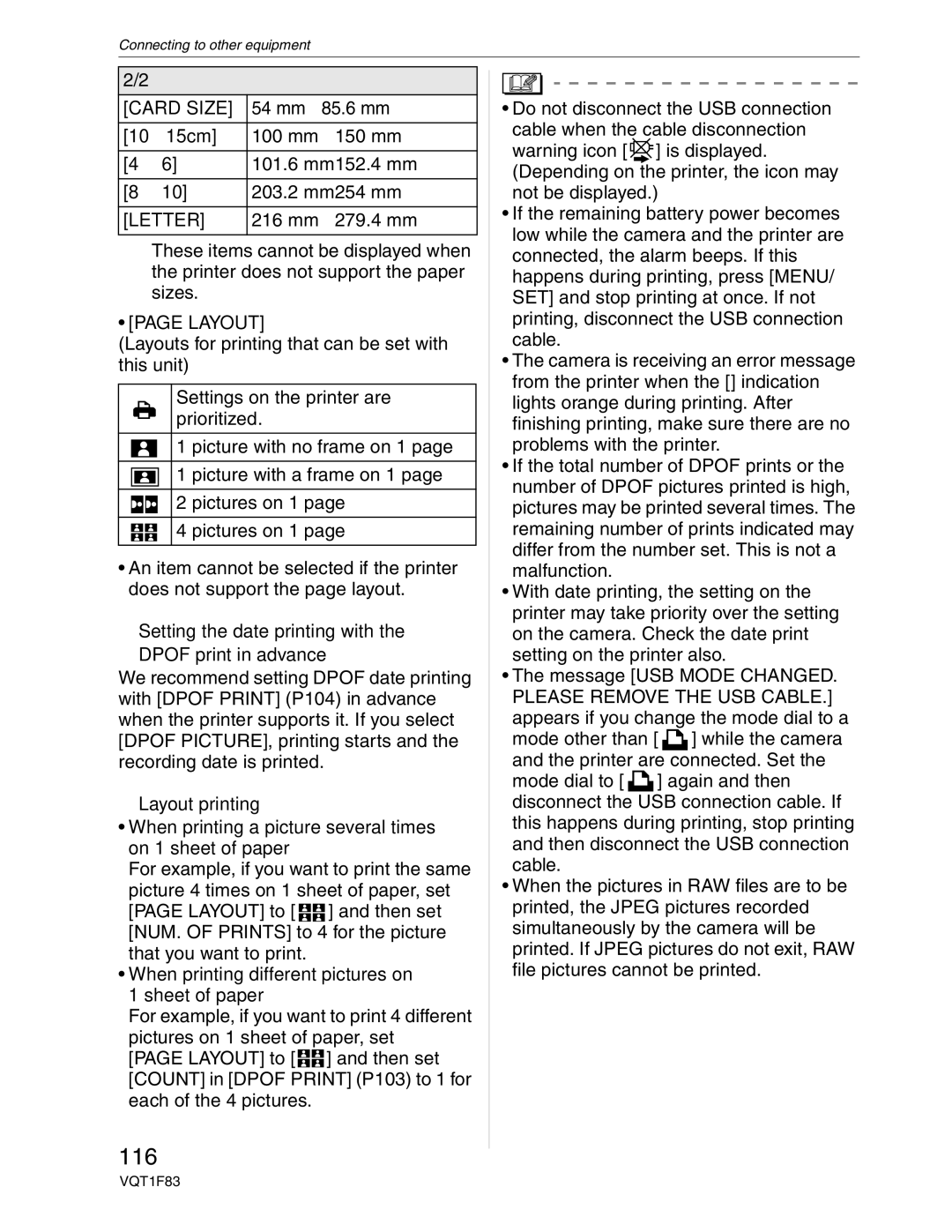 Panasonic DMC-FZ18 operating instructions 116, Card Size, Letter, Layout 