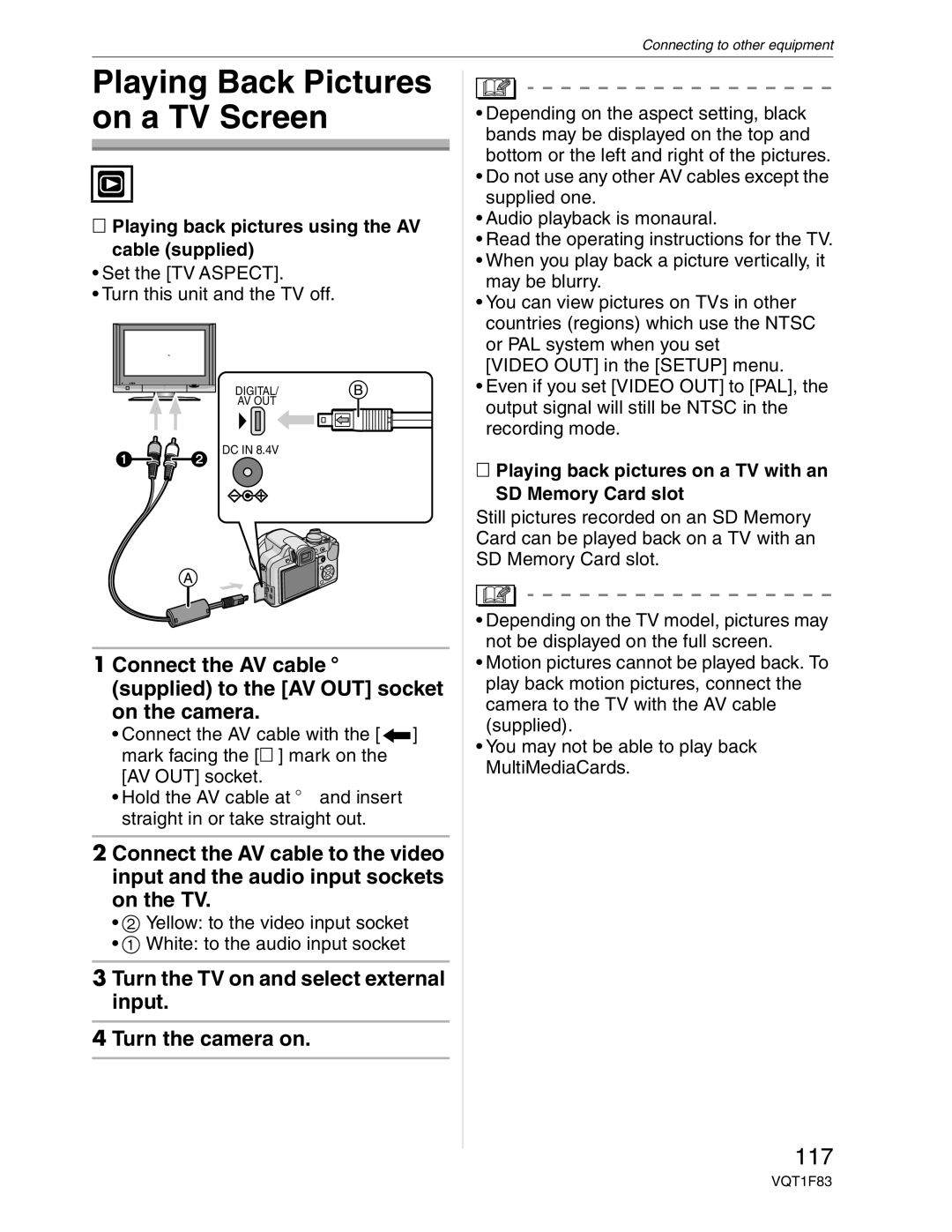 Panasonic DMC-FZ18 Playing Back Pictures on a TV Screen, 117, Turn the TV on and select external input Turn the camera on 