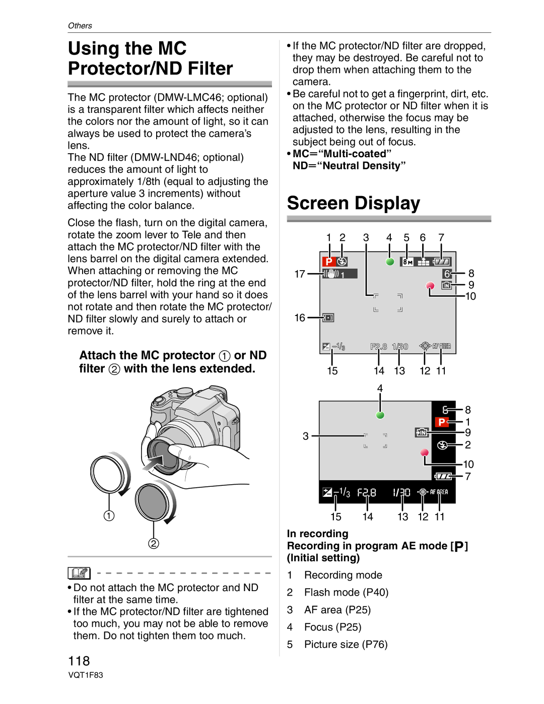 Panasonic DMC-FZ18 operating instructions Using the MC Protector/ND Filter, Screen Display, 118 