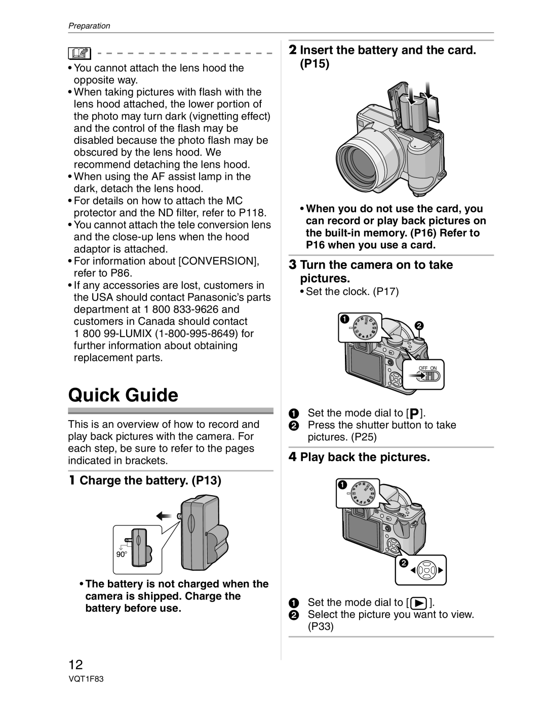 Panasonic DMC-FZ18 Quick Guide, Charge the battery. P13 Insert the battery and the card P15, Play back the pictures 