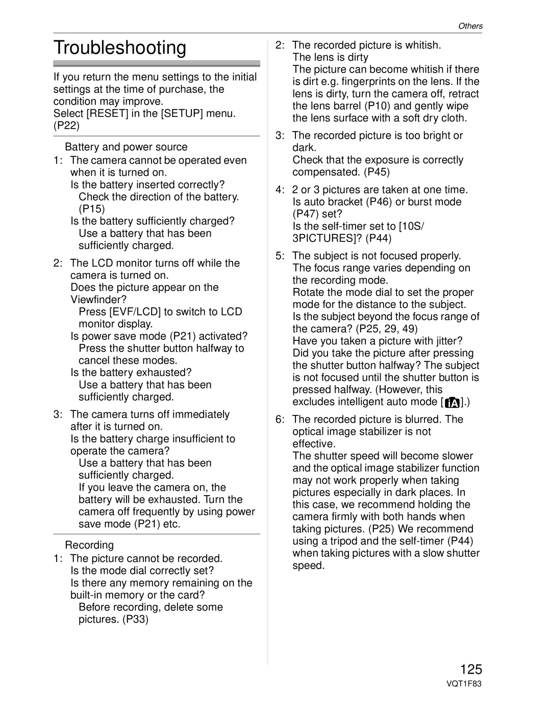 Panasonic DMC-FZ18 operating instructions Troubleshooting, 125 