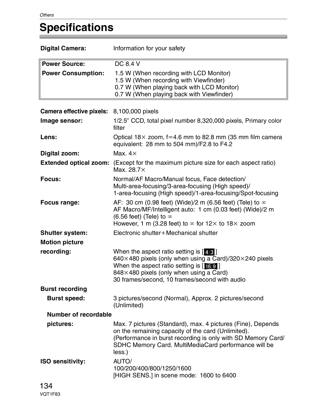 Panasonic DMC-FZ18 operating instructions Specifications, 134 