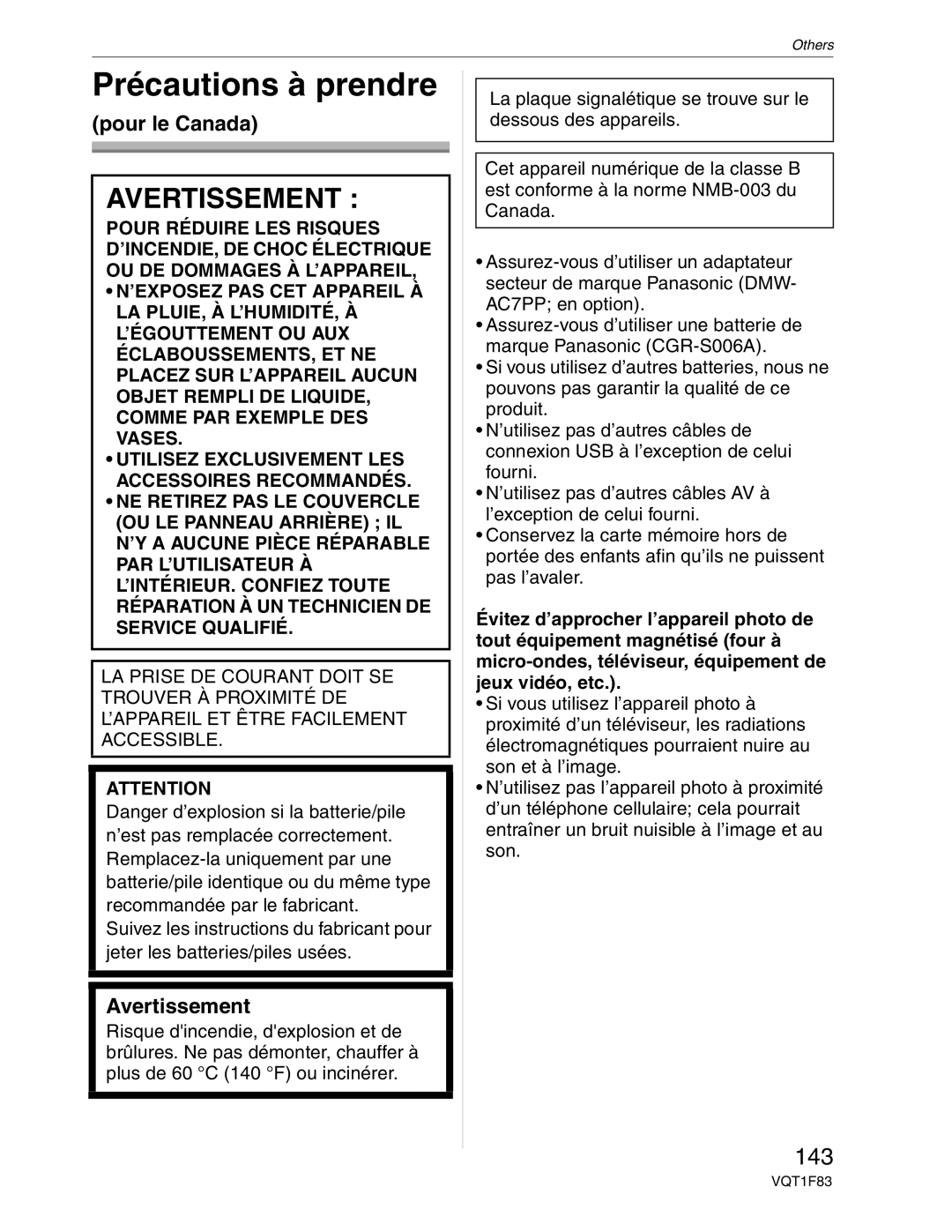 Panasonic DMC-FZ18 operating instructions Précautions à prendre, 143, Pour le Canada, Avertissement 