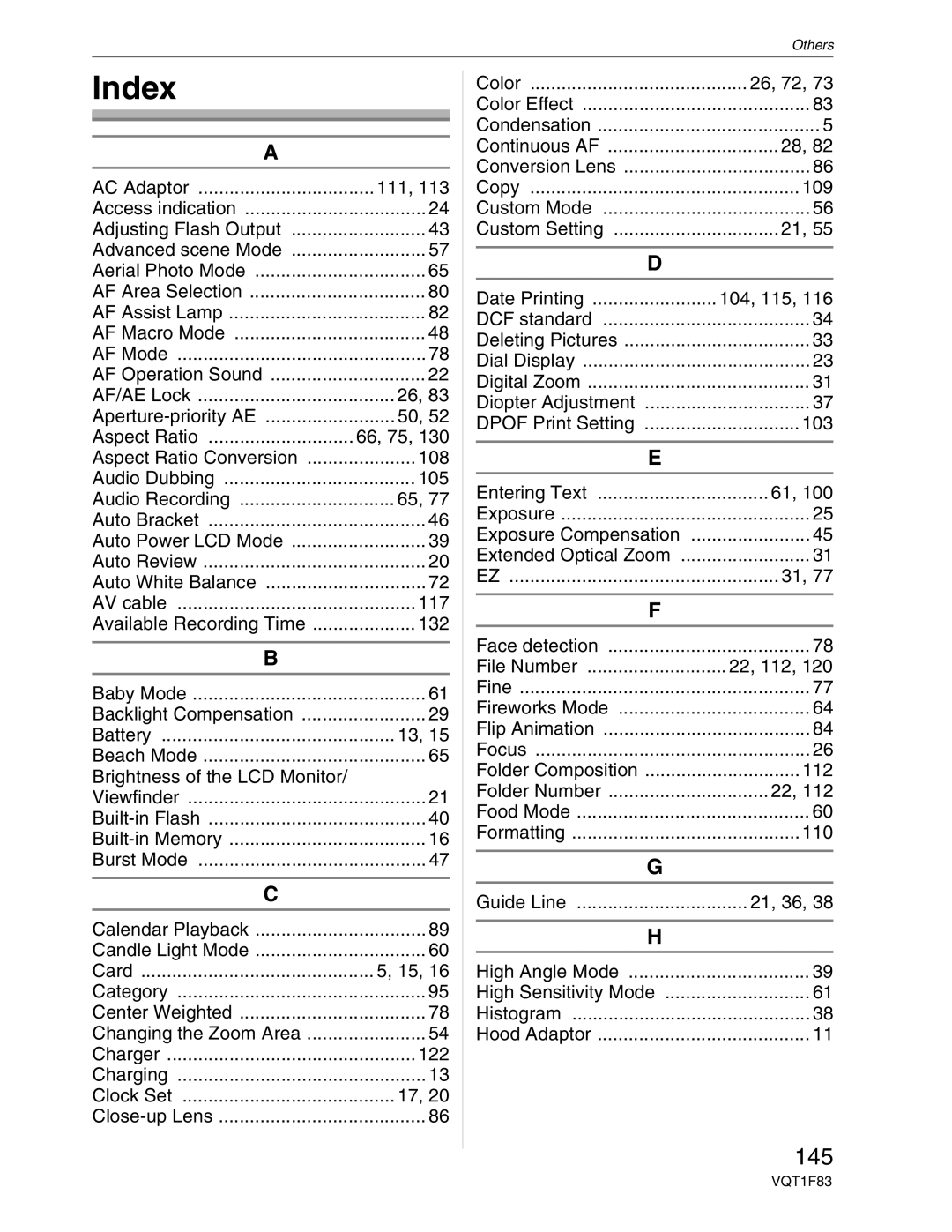 Panasonic DMC-FZ18 operating instructions Index, 145 