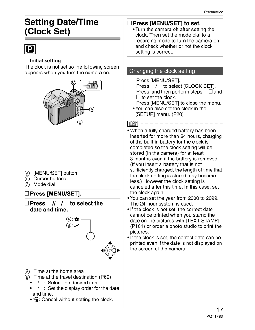 Panasonic DMC-FZ18 Setting Date/Time Clock Set, Press MENU/SET Press /// to select the date and time, Initial setting 