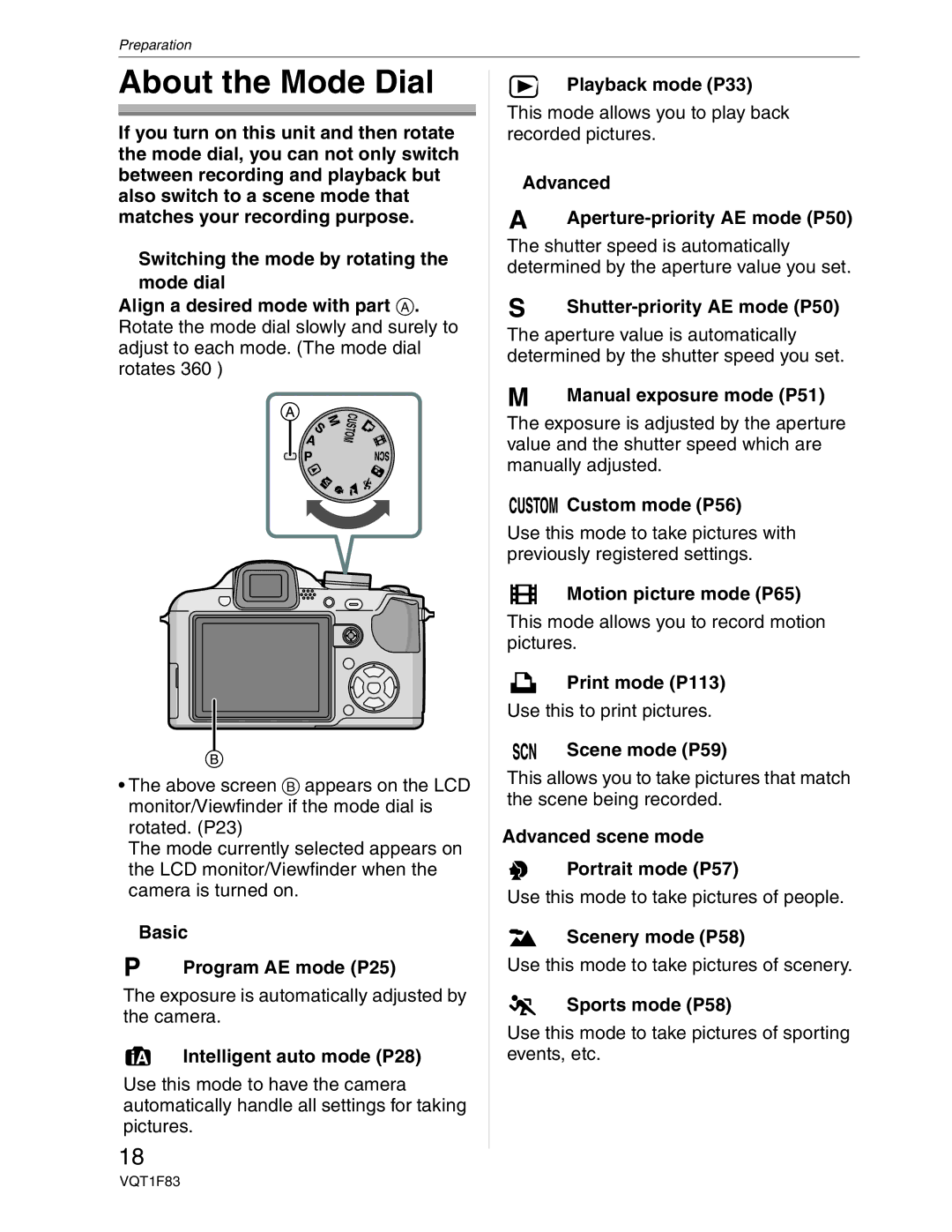 Panasonic DMC-FZ18 operating instructions About the Mode Dial 