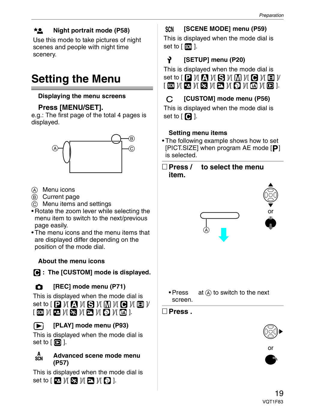 Panasonic DMC-FZ18 operating instructions Setting the Menu, Press MENU/SET, Press / to select the menu item 