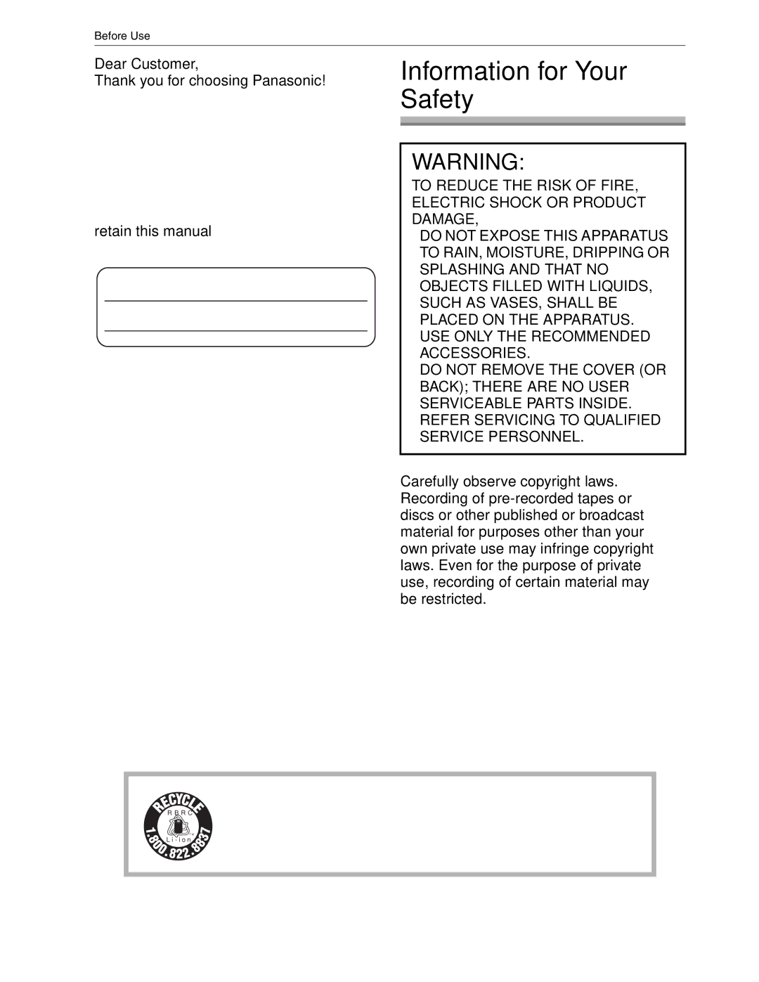 Panasonic DMC-FZ18 operating instructions Information for Your Safety, Dear Customer 