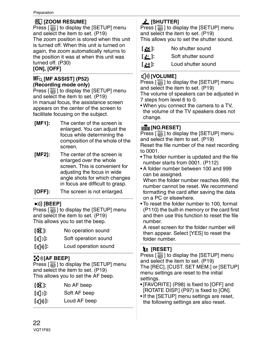 Panasonic DMC-FZ18 operating instructions Zoom Resume, Shutter, Reset 