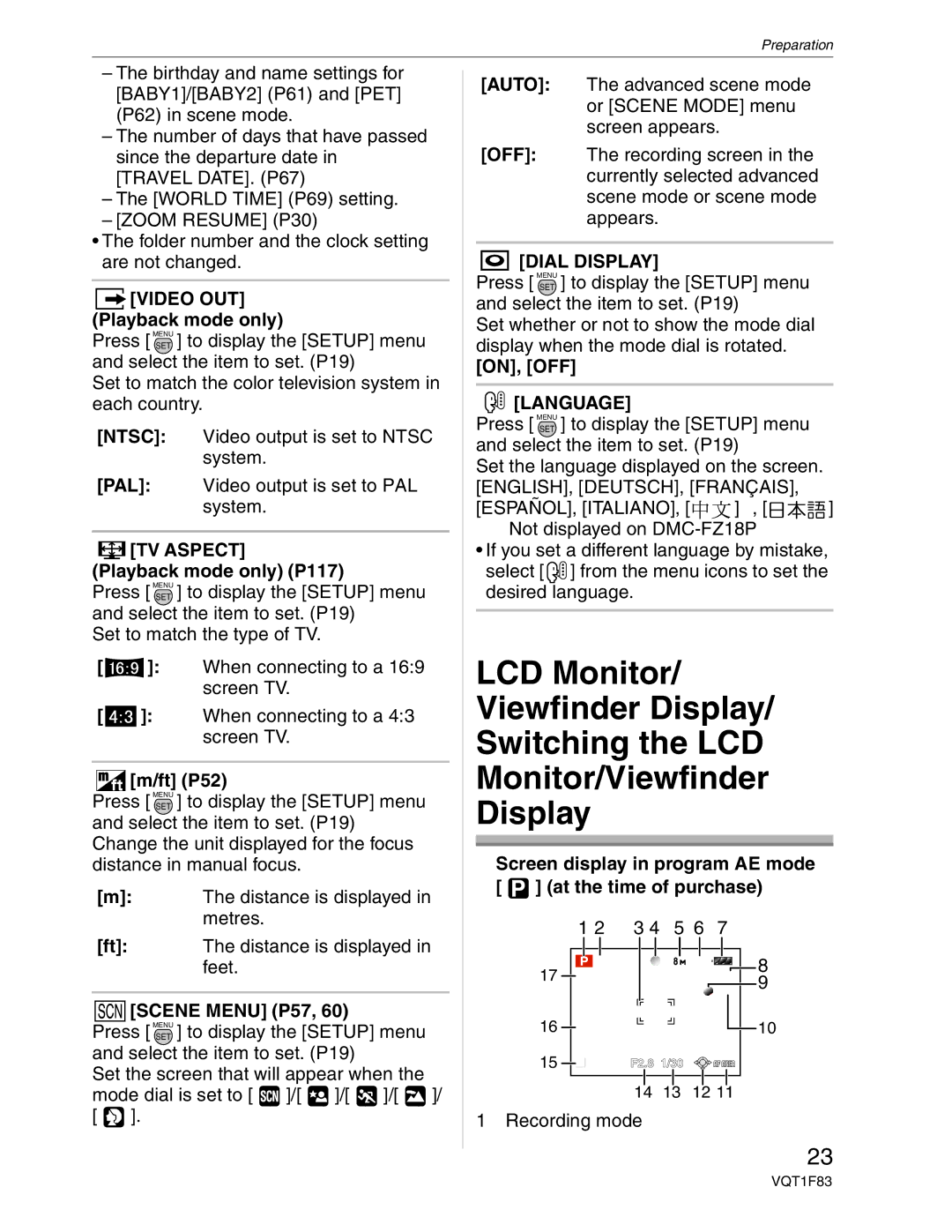 Panasonic DMC-FZ18 operating instructions TV Aspect, Dial Display, Language 